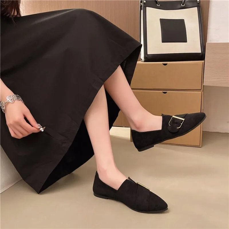 Womens Flat Shoes Pointed Toe Slip on Suede Like Loafers Metal Buckle Elegant Daily Office Footwear Casual Vintage Style Mules
