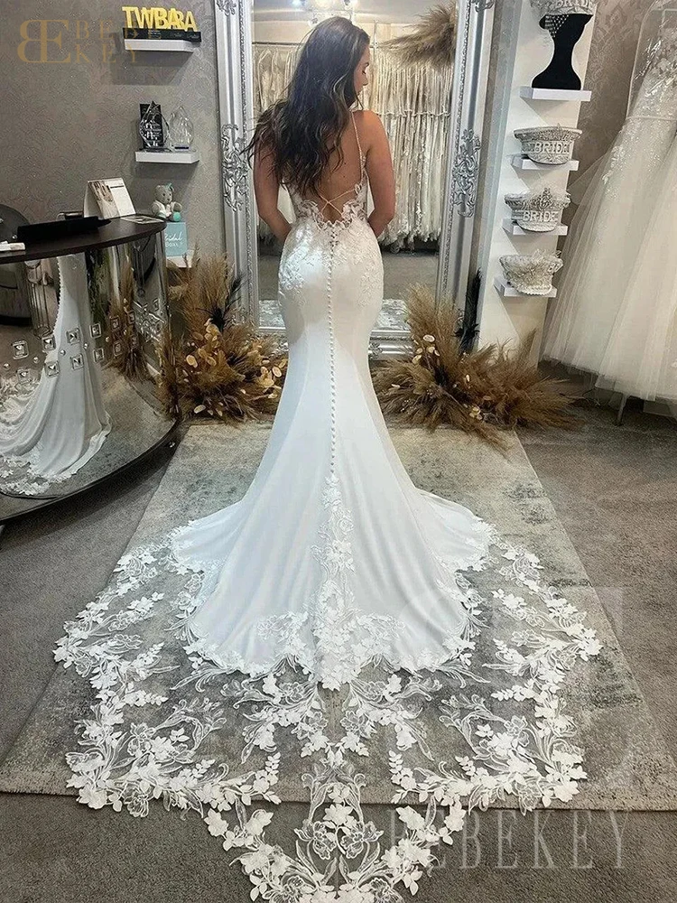 BEBEKEY فستان زفاف مثير مخصص من الدانتيل أشرطة سباغيتي حورية البحر لحفلات الزفاف بدون ظهر فساتين زفاف فساتين رسمية رداء