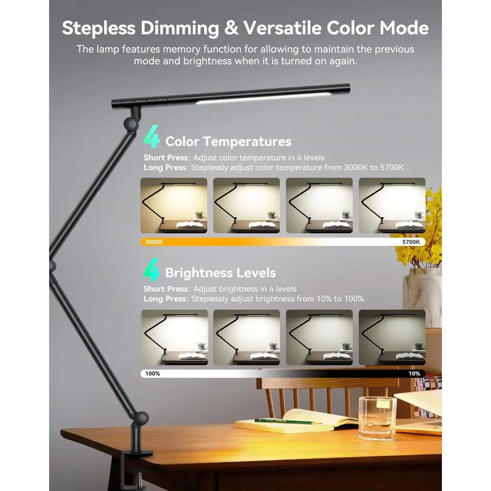 Flexible Clamp LED Desk Lamp, 18W with Dual RGB Lighting, 3-Section Arm, Remote & Sensor, Stepless Dimming, 4 Modes & 5 Brightne