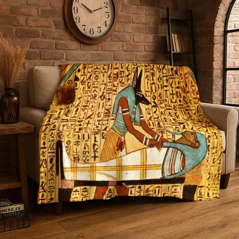 Retro Egyptian Mural Hieroglyphics Symbol Flannel Blanket Soft Warm Throw Blanket for Bedroom Living Room Bed Travel Picnic Gift