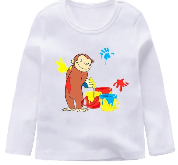 Cute Cartoon Curious George Design T Shirt Boys Girls New Casual Long Sleeve Tops Children\'s White T-Shirt,