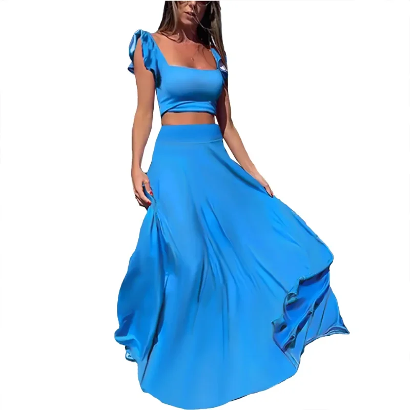 Customized Vacation Matching Sets Elegant A-line Skirts and Sleeveless Tank Crop Tops Blue Two 2 Pieces Suits Women Evening Outf