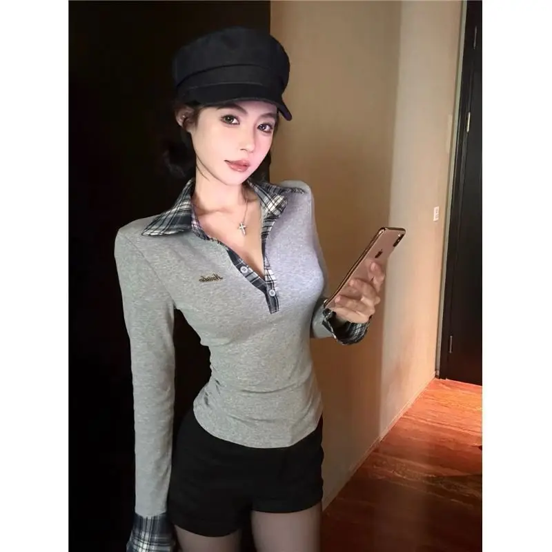 Spring and Autumn Women's Clothing New Academic Style Slim and Skinny Versatile Contrasting Lapel Long Sleeve T-Shirt