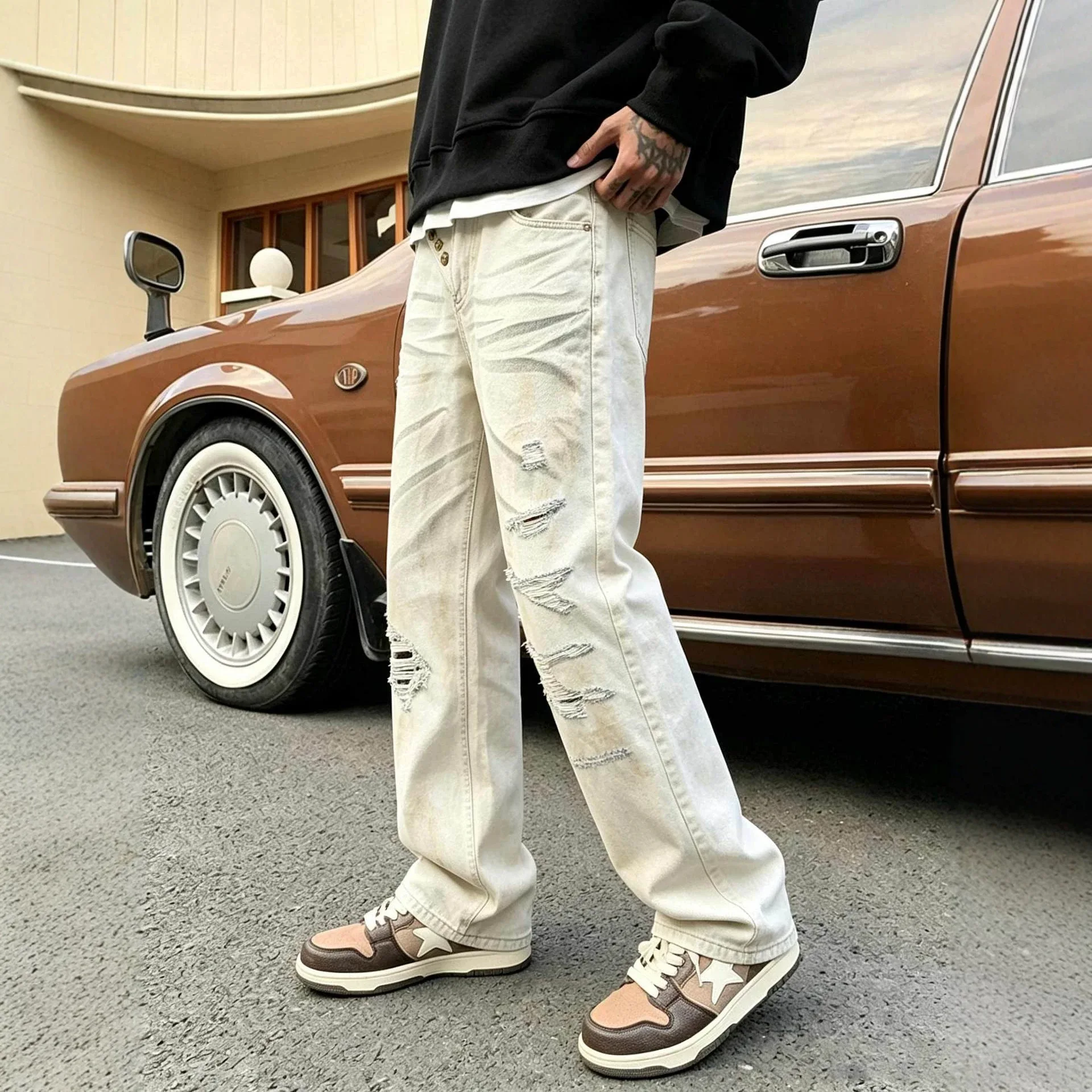 2026 Men Apricot Solid Color Simple Basic Casual Trendy Daily Hole Patched Straight Denim Trousers Four Seasons Male Jeans Pants