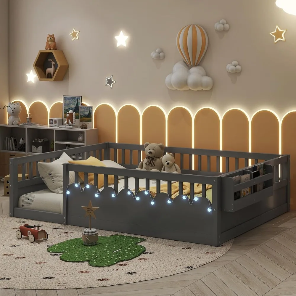 Cama de plataforma de tamanho completo de madeira Montessori com luz e armazenamento, trilhos seguros para dormir com economia de espaço para meninos