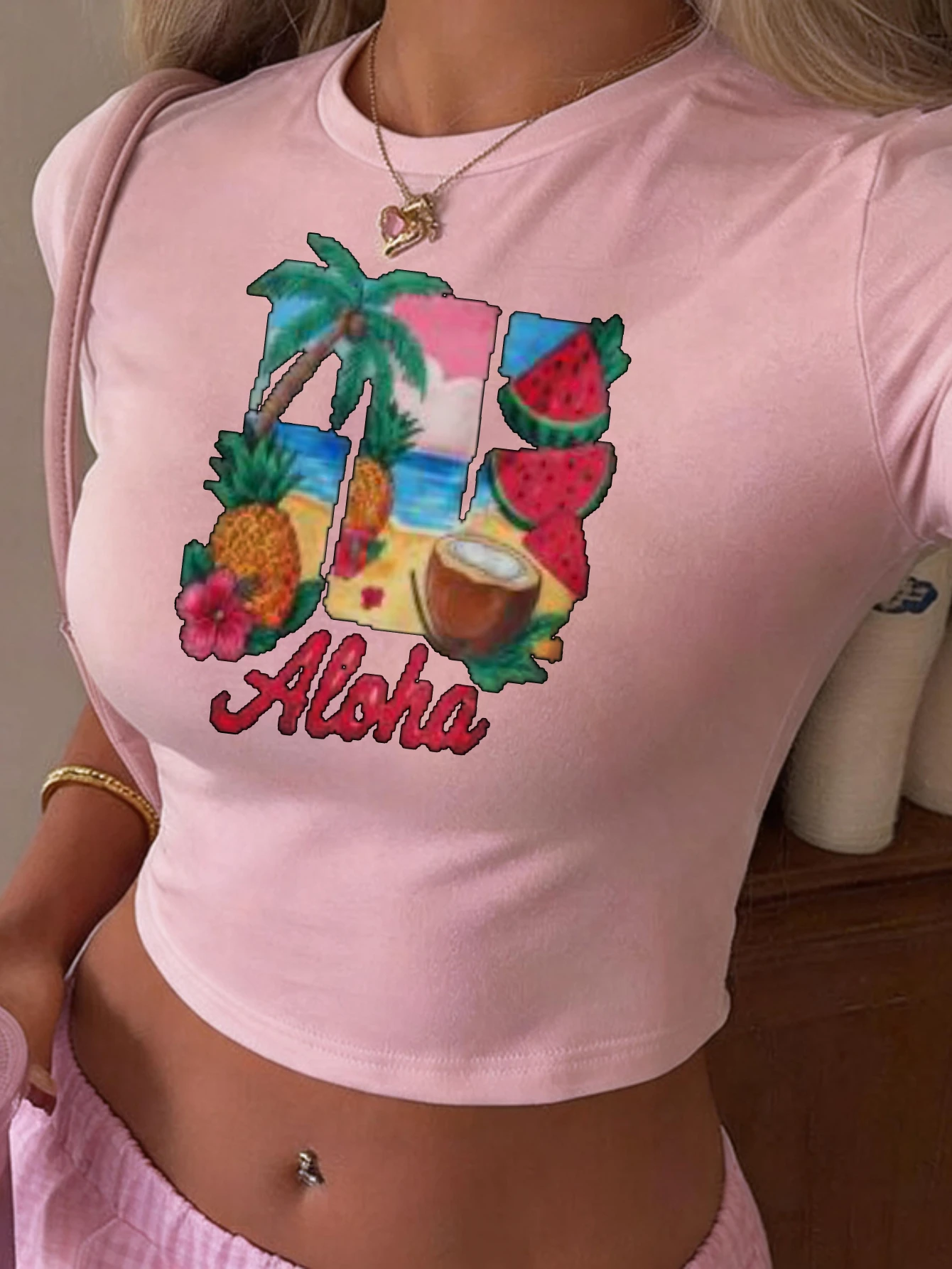 NEW Aloha Tropical Fruit Print Women's Crop Tops Summer Beach 2000s Y2K 90S Female Sexy Cropped Clothes For Girls Teen Tee