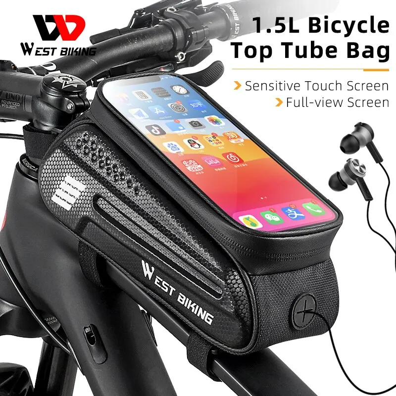 WEST BIKING Bicycle Top Tube Bag 1.5L Touch Screen Cycling Phone Bag Portable Waterproof Bike Handlebar Bag Bike Accessories