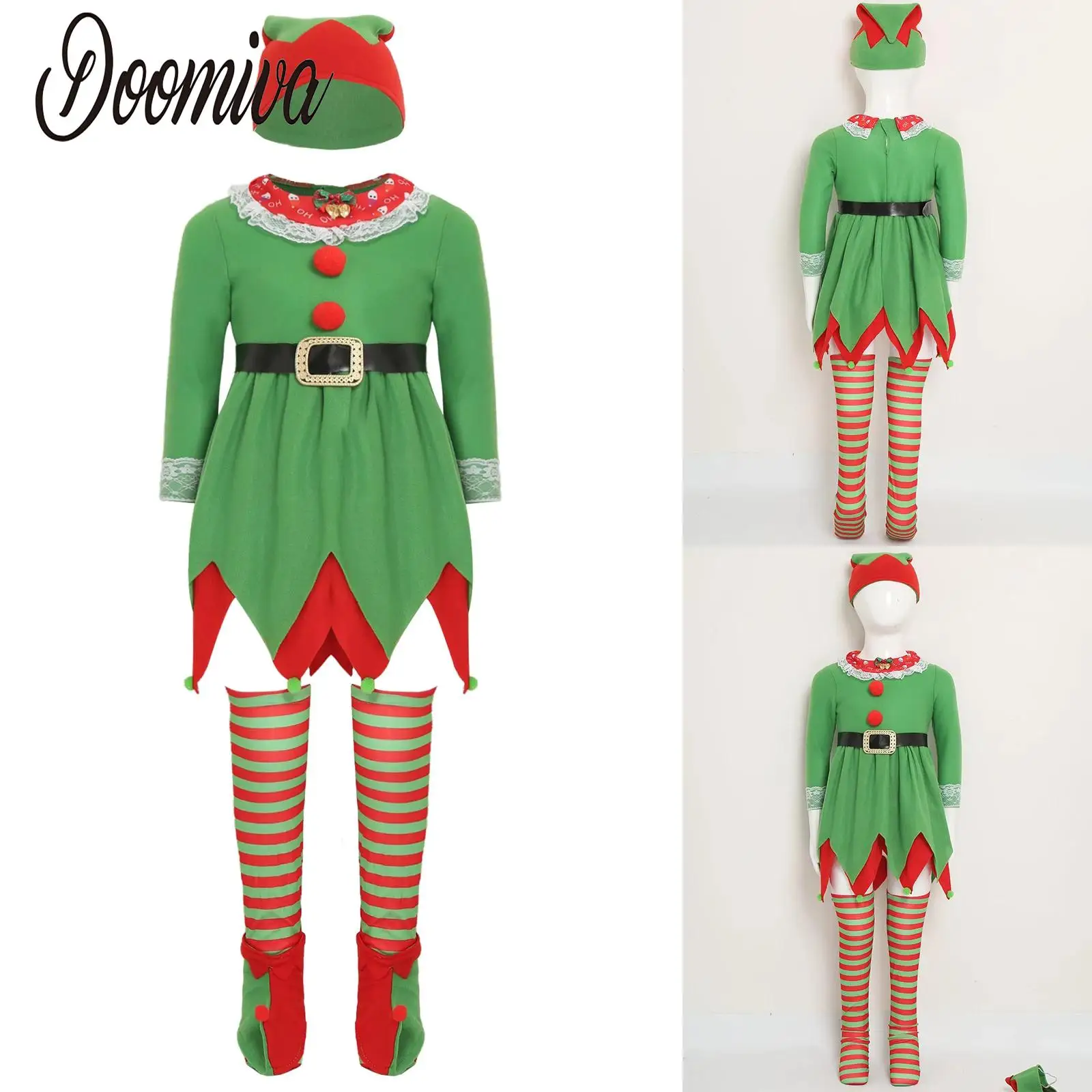 

Boys Girls Party Christmas Elf Costume Fancy Dress Up Set Bow Long Sleeve Layered Jagged Hem Dress and Elf Hat Sock Shoes Covers