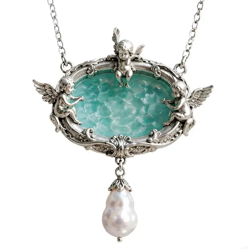  Ornate Wishing Fountain Necklace with Detailed Cherub Forms, Silver-Tone Finish and a Hanging Teardrop Accent Design