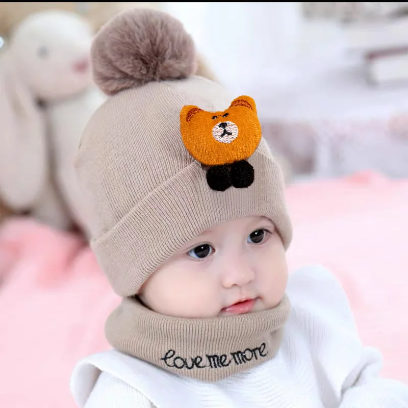 0-3 Years Winter Baby Knitted Hats With Scarf Set Boys Girls Warm Knitted Cute Cartoon Bear Toddler Pompom Beanies Scarf Suit