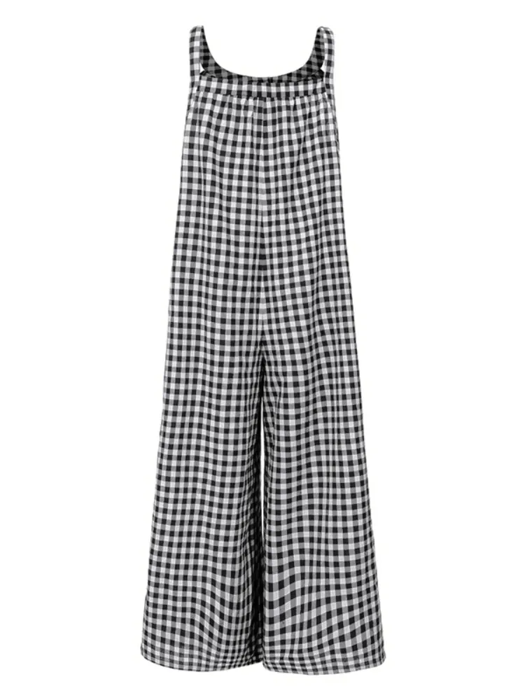 2023 Fashion Women Plaid Playsuits Celmia Summer Bohemian Jumpsuits Vintage Wide Leg Pants Casual Sleeveless Trousers Overalls