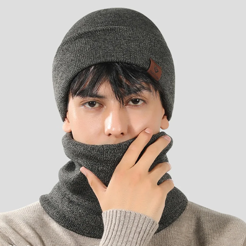 

2pcs/set Mens Winter Scarf Hat Set Thick Plush Velvet Lining Beanies Hats for Women Snood Scarves Winter Warmth Set