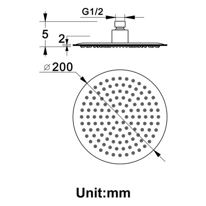 Pommeau de Douche Rond en Acier Inoxydable Chromé, Haute Pression, Ultra-Mince, Pulvérisateur 200x200mm