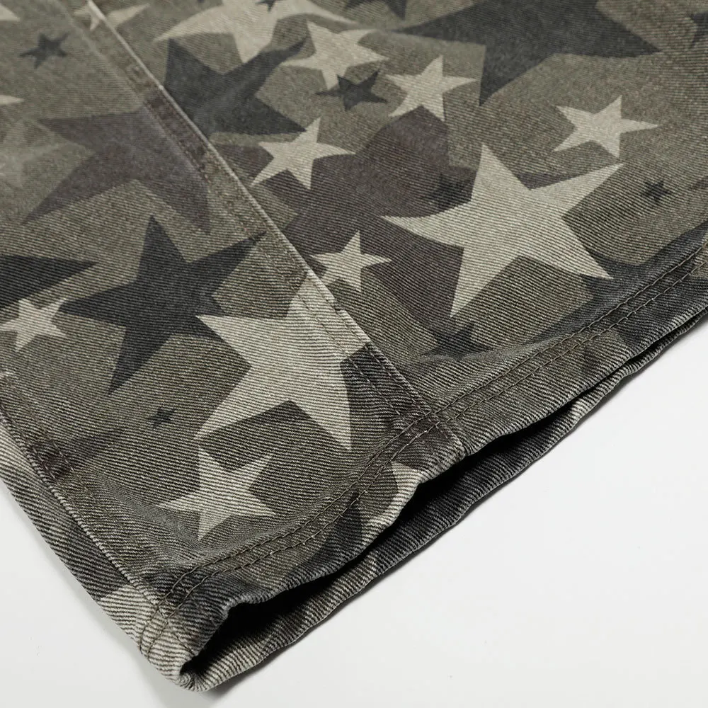 Men's Star Camo Baggy Jeans Vintage High Street Spray Paint Curved Cargo Pants Loose Wide Leg Denim Trousers
