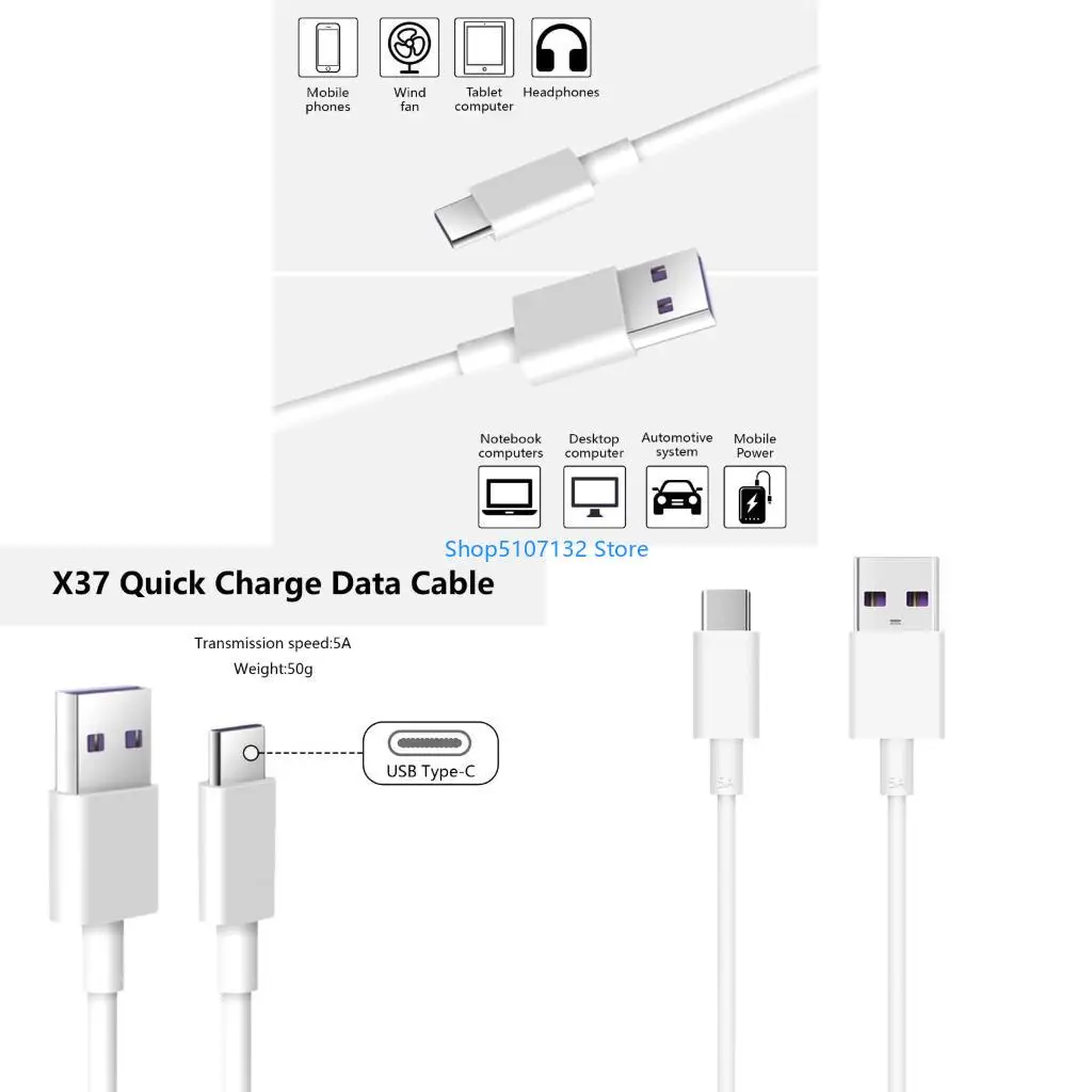 87HD Bend Resistant USB Charging Cord USB to Type C Power Cable 5A Fast Charging Cable Line for Phones Tablets 100cm