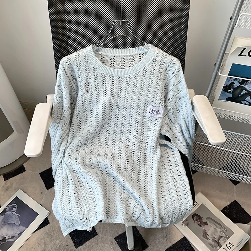 

Весенне-летние вязаные свитера с длинными рукавами, женские с круглым вырезом, тонкие свободные повседневные пуловеры, топы, однотонный трикотаж