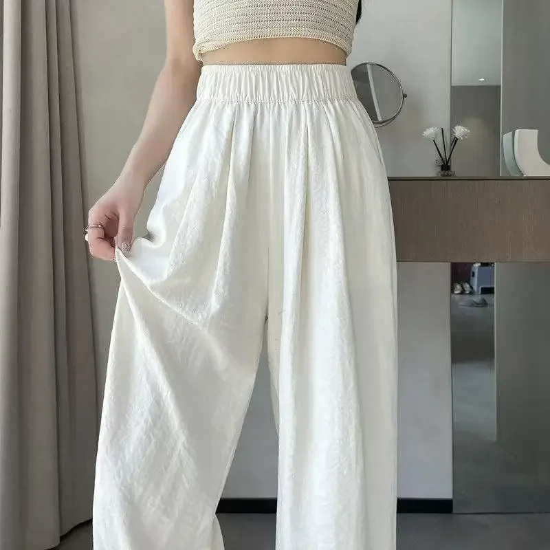 กางเกงผู้หญิงฤดูร้อนกางเกงขากว้างผ้าฝ้ายเอวยางยืดหลวม Fit Elegant Casual Chic จีบอเนกประสงค์ Breathable สูง