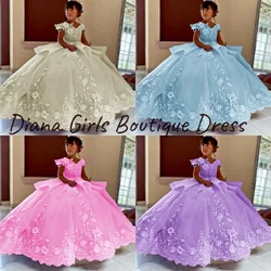 Royal Luxury Flower Girl Dress Blue For Wedding Baby Princess Ball Dresses Lace Appliques Off Shoulder Gorgeous Evening Gown