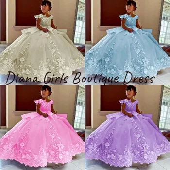 Królewska luksusowa sukienka dla dziewczynki z kwiatami niebieska na ślub dziecko księżniczka sukienki balowe koronkowe aplikacje Off ramię wspaniała suknia wieczorowa