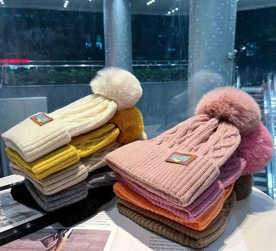 Knitted Beanies Warm Winter Hats  Outdoor Thicken Letter Women Fashion Crochet Cap with pom pom