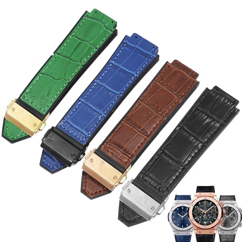 

Fold Buckle Crocodile Pattern Cowhide 26-19mm Men's Watch Band for Hublot Yubo Classic Fusion Big Bang Silicone Underskin