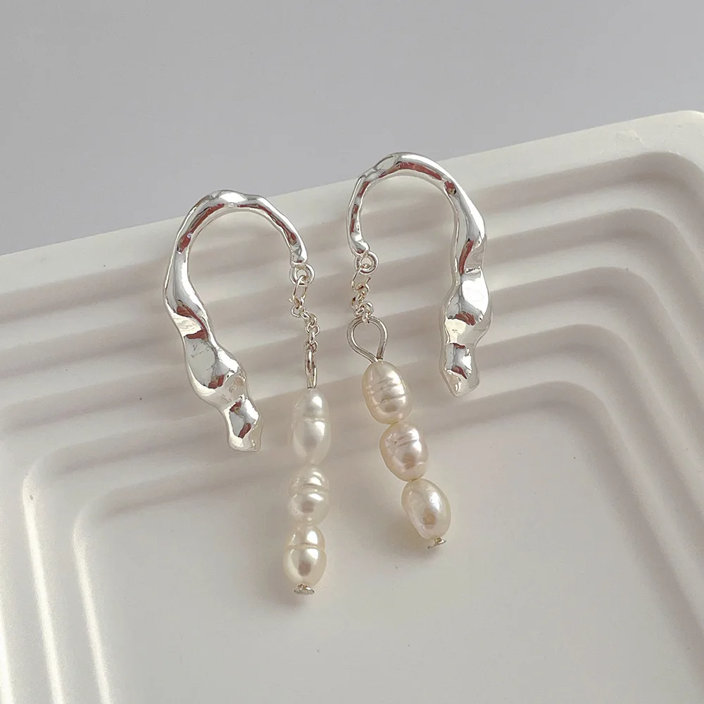 kshmir Korea Simple design sense irregular metal freshwater pearl pendant earrings elegant style women\'s earrings