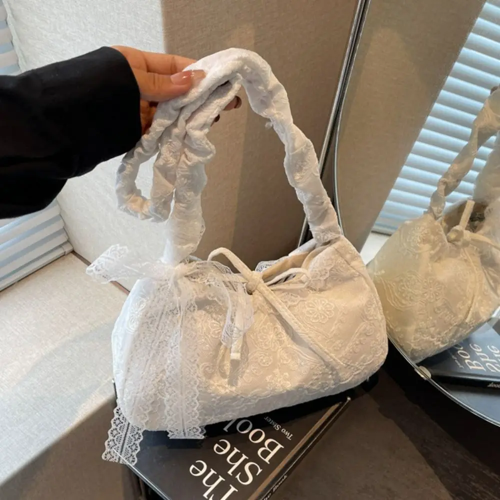 

Shopping Tote Bag Lace Shoulder Bag Pleated Strap Korean Style Simple Canvas Handbag Simple Kawaii Large Capacity Bag Daily