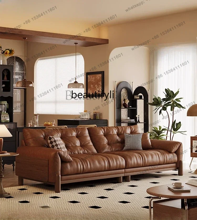 Living room solid wood sofa new three-person straight row small apartment retro first-layer cowhide sofa