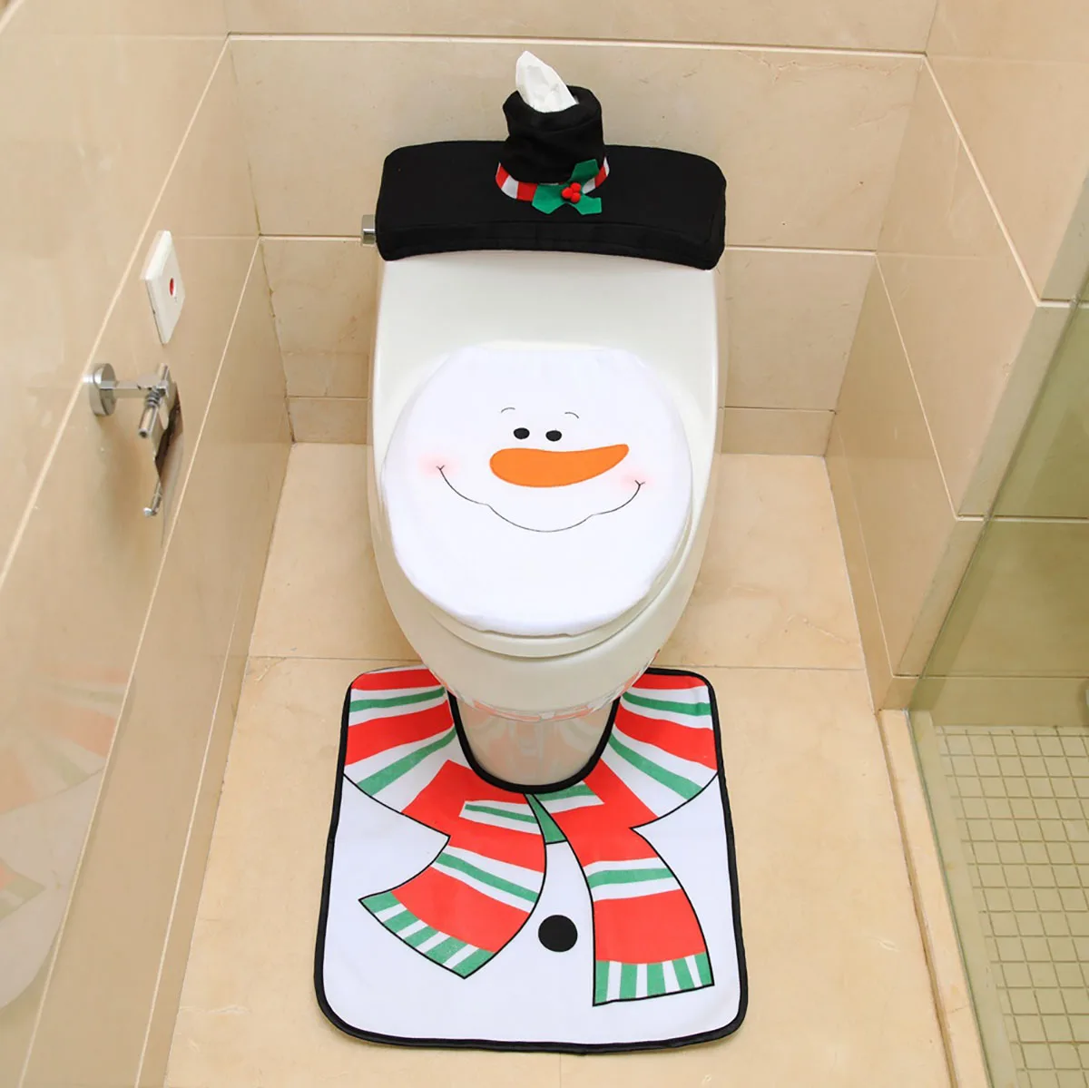 3pcs Christmas Toilet Cover Elderly Snowman Toilet Cover Floor Mat Water Tank Cover Paper Towel Set Three-piece Home