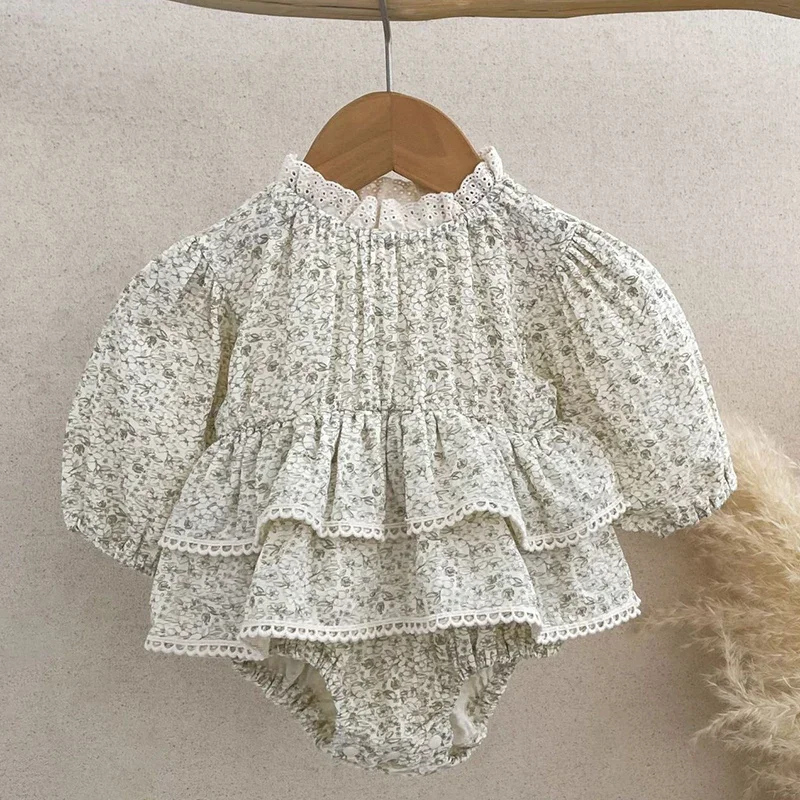 2024 New Autumn Infant Baby Girls Jumpsuit Long Sleeved Cotton Flower Print Korean Style Climbing Suit 0-24M Baby Girls Clothing