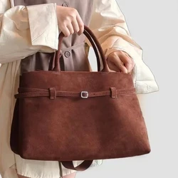 Brown Handbag Buckle Decoration Design Brand Luxury Women's Bag Solid Color Imitation Suede Large Capacity Buckle Casual Handbag