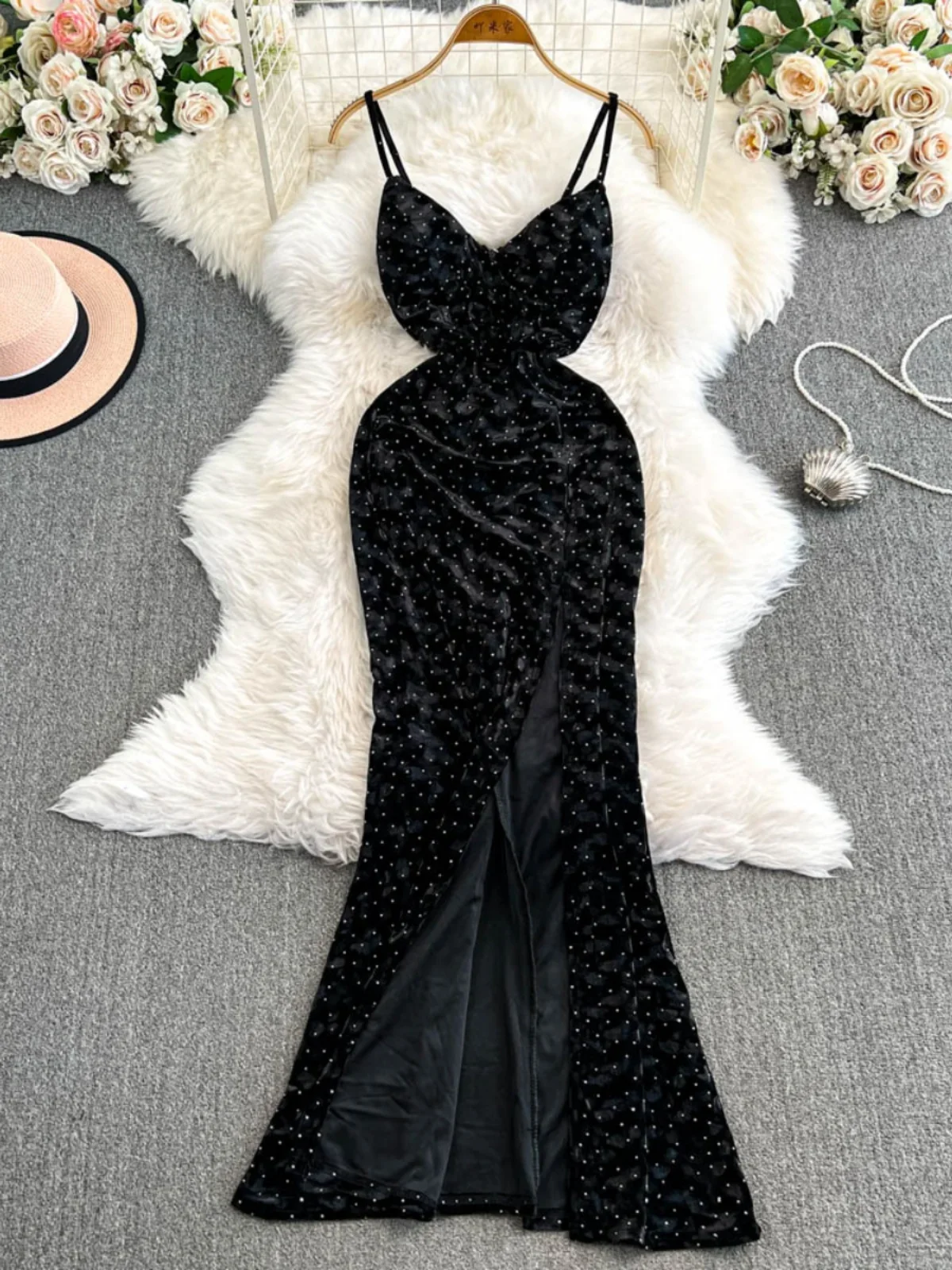 Foamlina Female Evening Party Long Dress Banquet Elegant Dinner Host V-neck Waist Thin Hot Diamond Split Bodycon Dress for Women