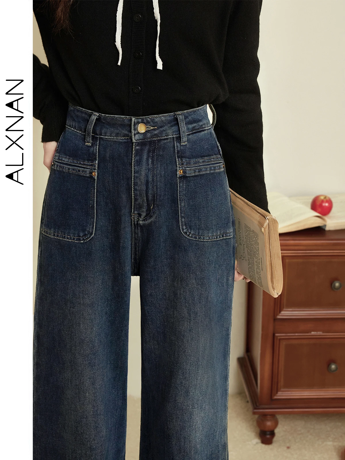 ALXNAN Jeans da donna Jeans larghi blu profondo con vita alta Dritto coreano Vintage Allentato 2025 Primavera Pantaloni a gamba larga Donna L50301