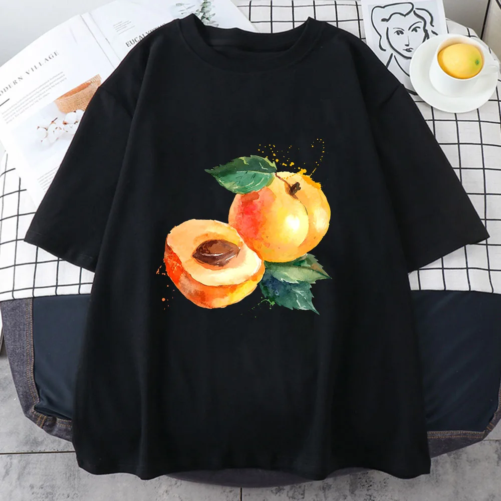 Fruit Pomegranate Summer Women's T-shirt Harajuku Cartoon Apricot Print Tops Trendy O-neck Ladies Comfortable Casual Clothing