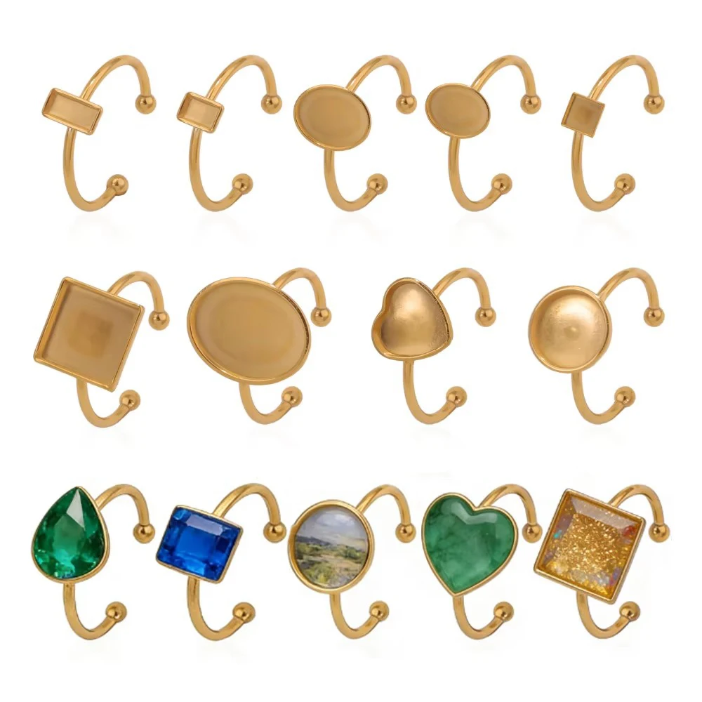 

10pcs Stainless Steel Adjustable Settings Flat Blank Base Glass Cabochons Ring Bezel PVD Gold Plated Jewelry Making Supplies