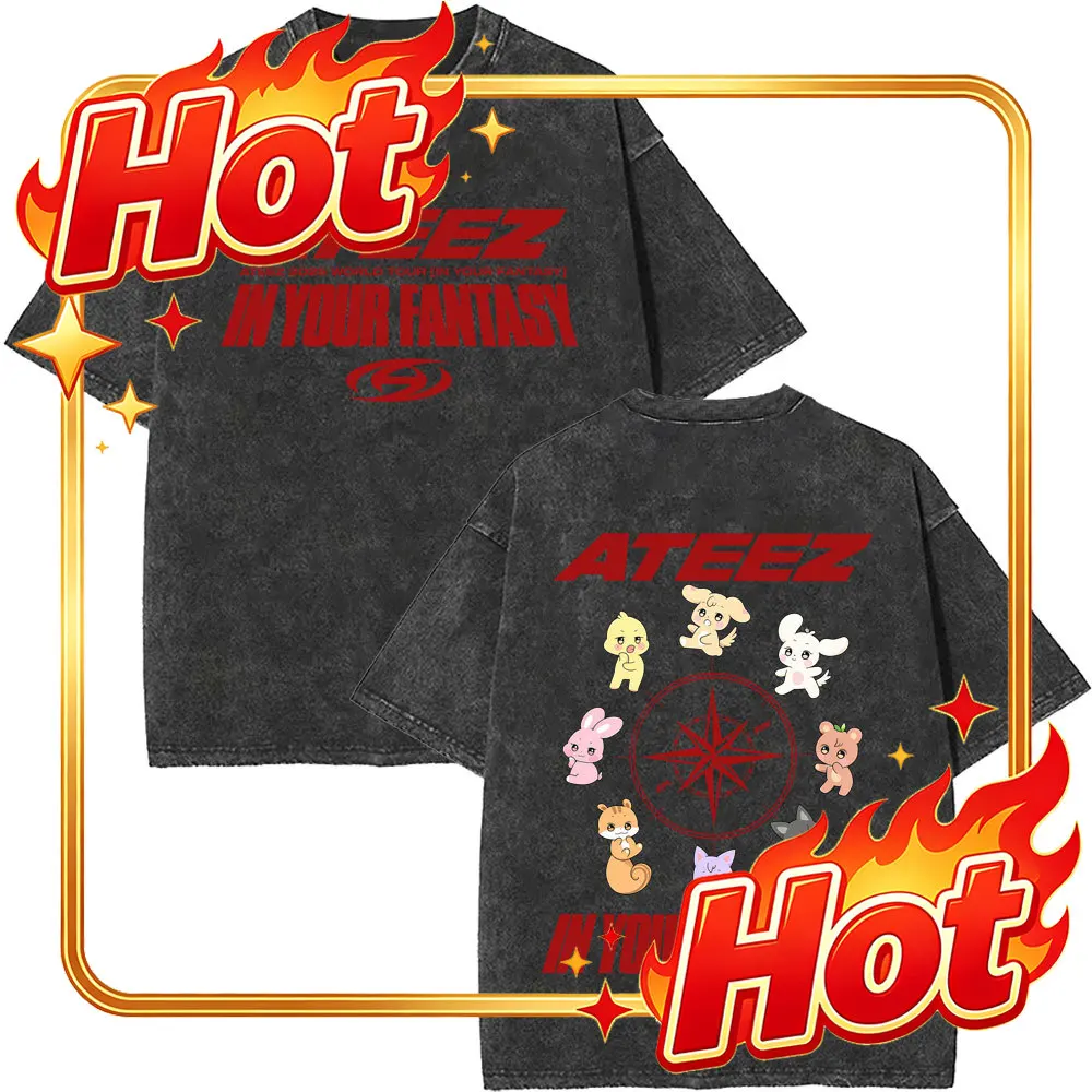 Custom Vintage Washed ATEEZ Funny Meme T-shirt 2025 World Tour In Your Fantasy T Shirts Men Women Korean Fashion Trend Kpop Stre