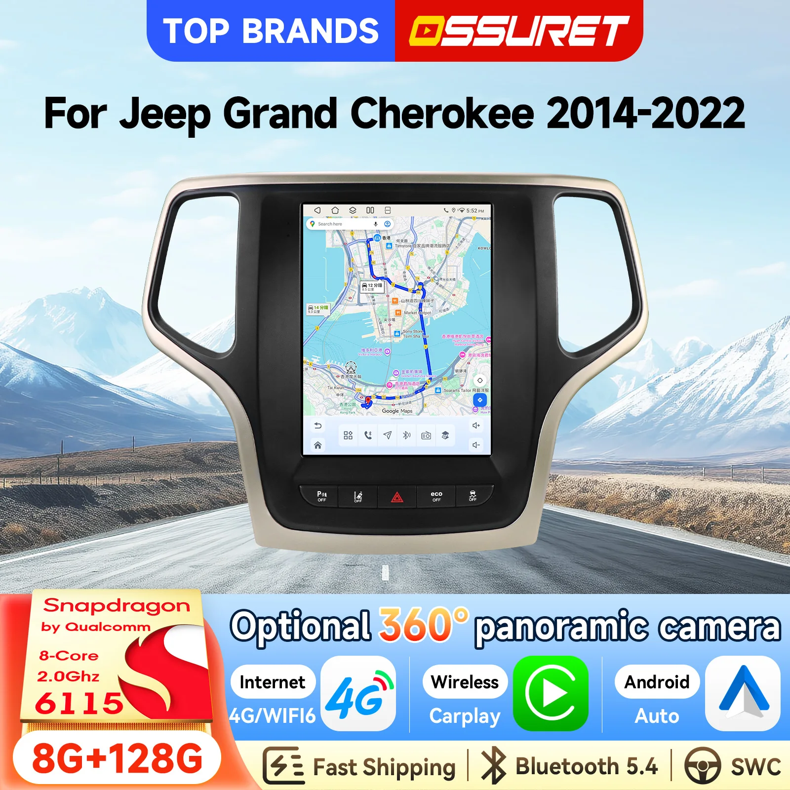 OSSURET Autoradio Carplay en Promotion 9,7 Pouces 2 Din GPS Navigation Android 15 Stéréo de Voiture pour Jeep Grand Cherokee 2014-2022 Android Auto Sans Fil Unité Centrale Intelligente Lecteur Multimédia Vidéo RDS DSP Bluetooth AI WIFI SWC Audio Optionnel 360 °   Autoradio avec caméra