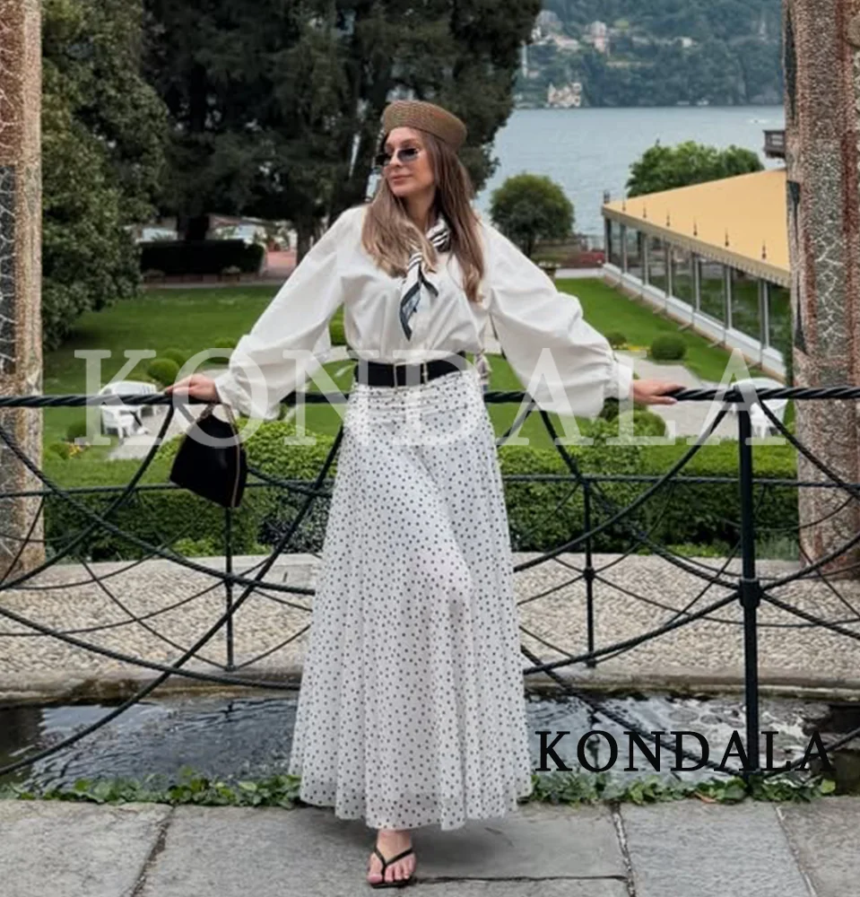 KONDALA Elegant Chiffon Polka Dot Skirt Women Casual Holiday Pleated Midi Skirt 2026 Spring Summer Trendy Ladies Leisure Skirt