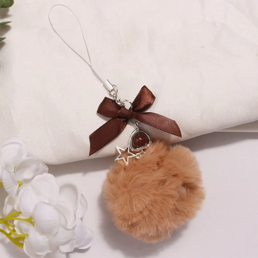 

Ribbon Bow Mobile Phone Lanyard Hanging Cord Key Holder Hairball Pendant Fluffy Colorful Pompom Keychains Women Girls