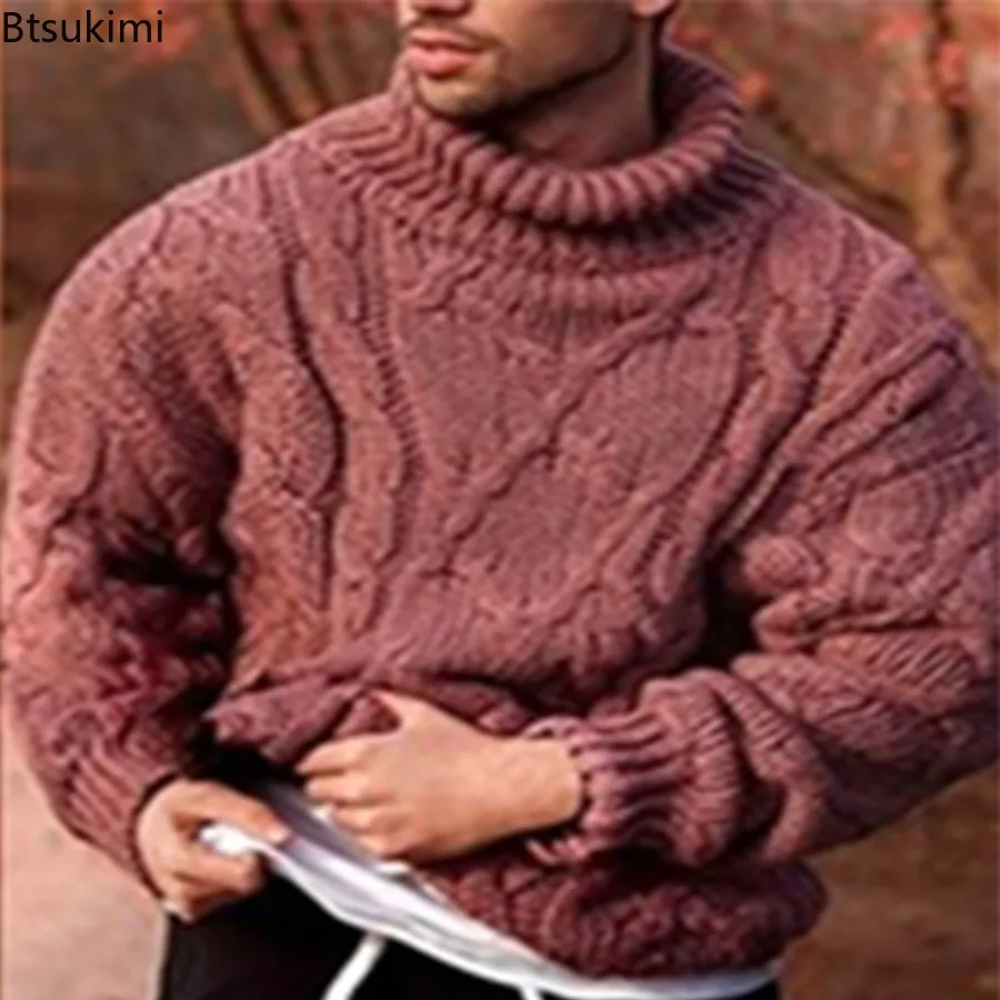 Men's Turtleneck Knitted Pullovers Sweater Autumn and Winter Braided Sweater Casual Solid Slim Fit Jumper Knitwear Pull Homme