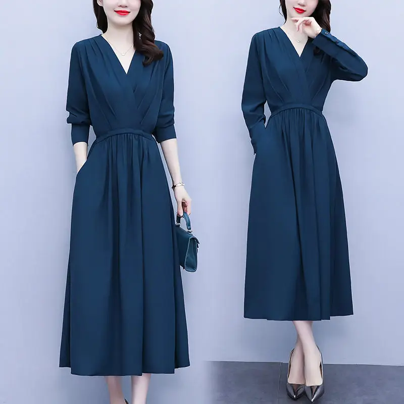 

Chic Autumn 2023 New Pure Color Long Sleeve Large Size Women's Dress Waist Tie V Neck Temperament Office Ladies Shirt Robe T844