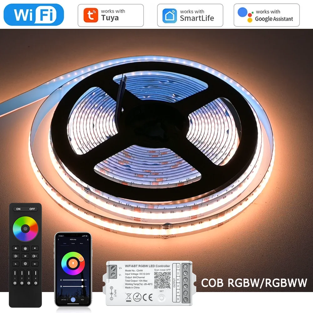 5M 10M 20M Tuya WiFi COB RGBW RGBWW LED Strip 24V Color Changing Dimmable Room Liner Light Decor 2.4G RF Remote Control fr Alexa