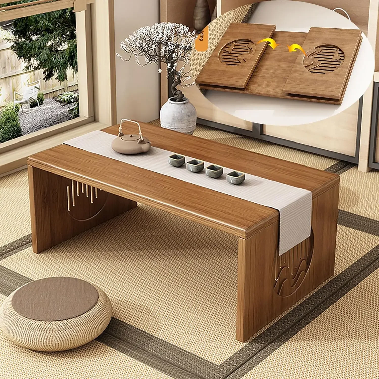 Coffee Table Low Tatami Table, Unique Portable Solid Wood Japanese Style Low Tea Table for Sitting on The Floor Easy Storage