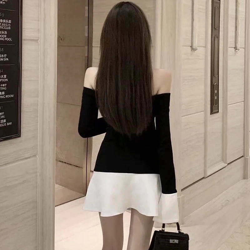 Party Gown Dress for Lady 2023 New Spring Autumn Black Strapless Dress Sexy Slash Neck Colorblock Long Sleeve Short A-line Dress