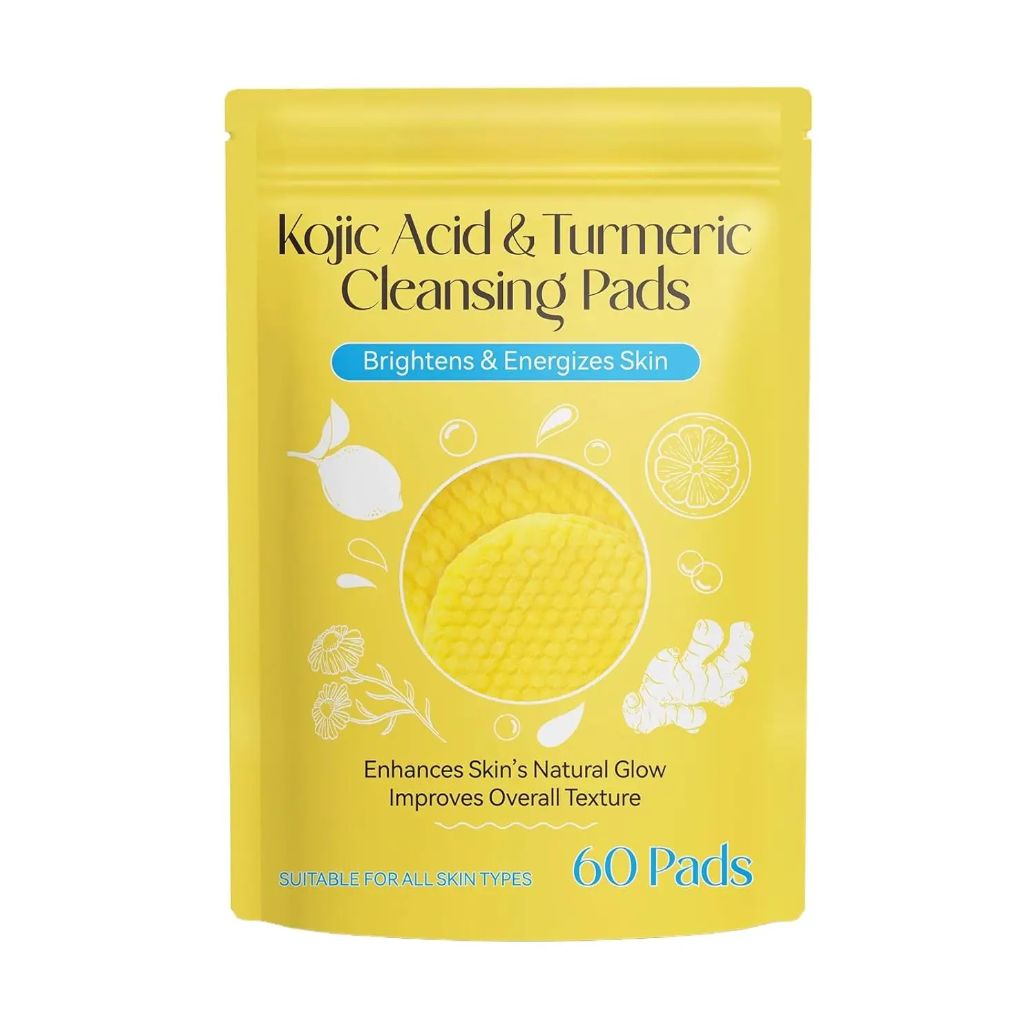 وسادات تنظيف حمض الكوجيك والكركم - تفتيح وتنشيط البشرة - تحسن الملمس والمتوهج - مناسبة لجميع أنواع البشرة