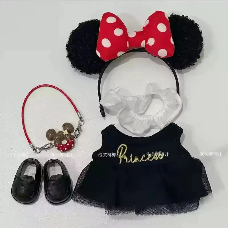 Trajes de vestir Kawaii Minnie para ropa Labubu de 17cm, vestido de bebé, bolsa de galletas, diadema de Mickey + zapatos negros, accesorios para muñecas