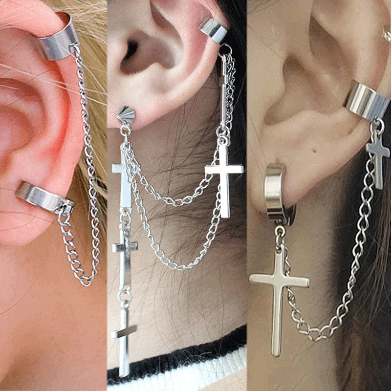 Punk Cross Tassel Earrings Women Integrated Clip Stud Earring Christian Gothic Hip Hop Jewelry Metal Chain Ear Ring Earring Men