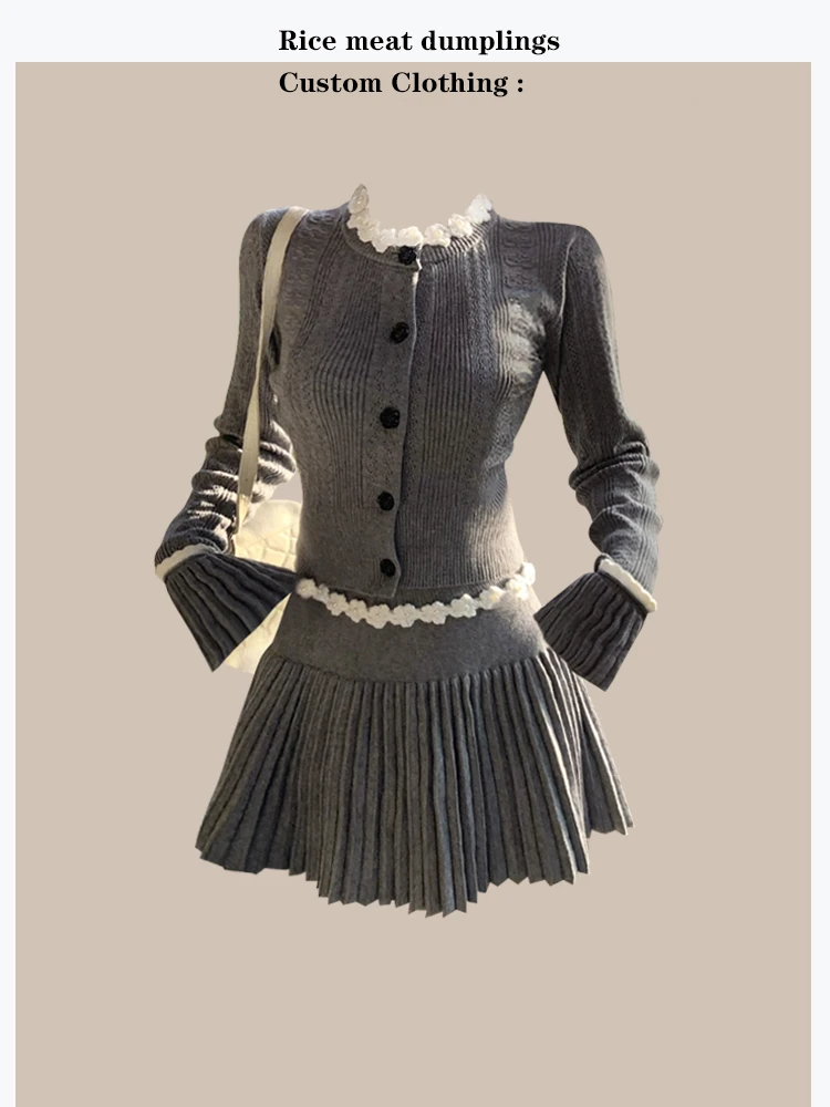 Autumn Winter Handmade Hooked Flower Knitted Grey Dress Set with Pleated Skirt Long Sleeve round Neck Slim Fit College Style