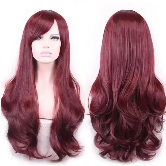 

Wine red long curled wig, Women Long Burgundy Wavy Wigs,Dark Red Synthetic Wigs Long Wavy Wine Red Cosplay Wig Curly Hair Wig