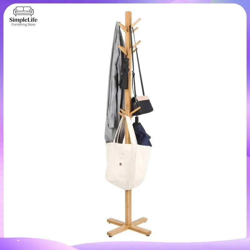 Custom Freestanding Bamboo Coat Rack 12 Hooks Wooden Clothes Hanger Stand Hallway Entryway Storage Organizer Furniture Home